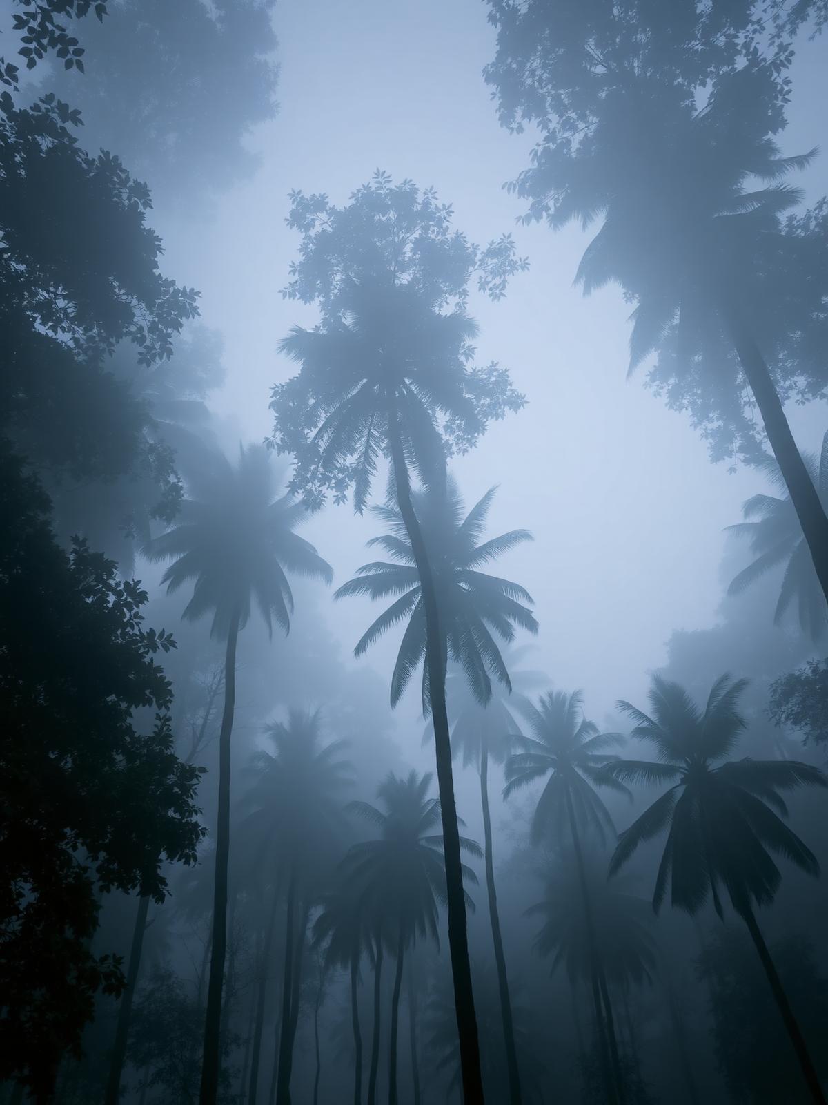Misty forest canopy in Wayanad, Kerala at dawn